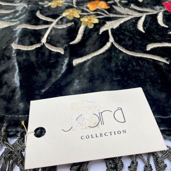 Embroidered Green Velvet Topper Shawl 56" Square w/ Fringe Luxury Tablecloth - Picture 8 of 12